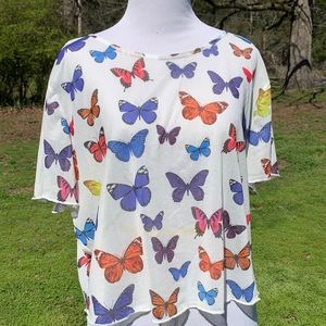 Mesh Colorful Butterfly Print Lettuce Trim Crop Top